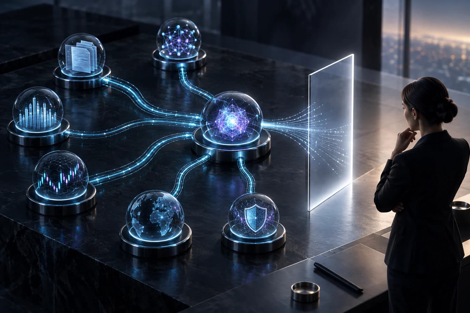 Specialised AI research agents synthesising their work at a transparent boundary before human approval