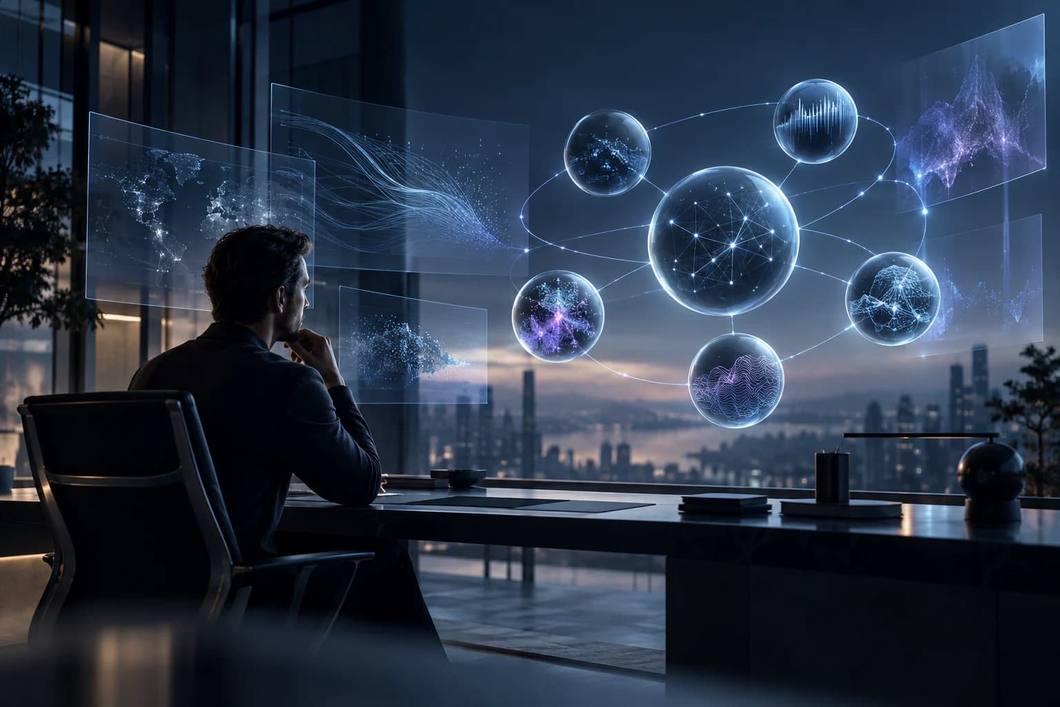 A human decision-maker overseeing a connected network of specialised AI research systems